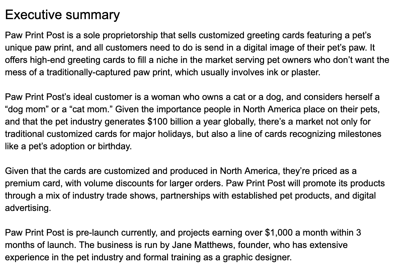 A four-paragraph long executive summary for a commercial.